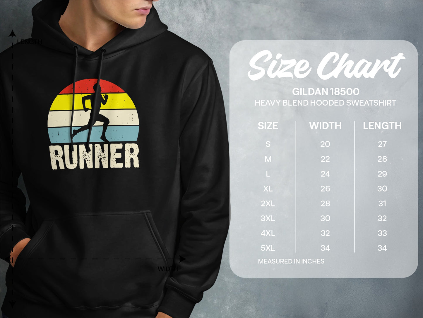Gildan 18500 sweatshirt size chart with measurements in inches.