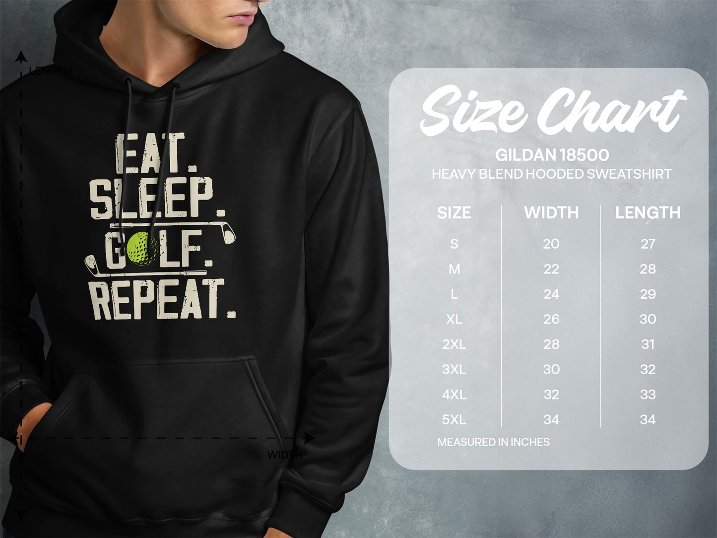 Hooded sweatshirt with "Eat. Sleep. Golf. Repeat." graphic and size chart.