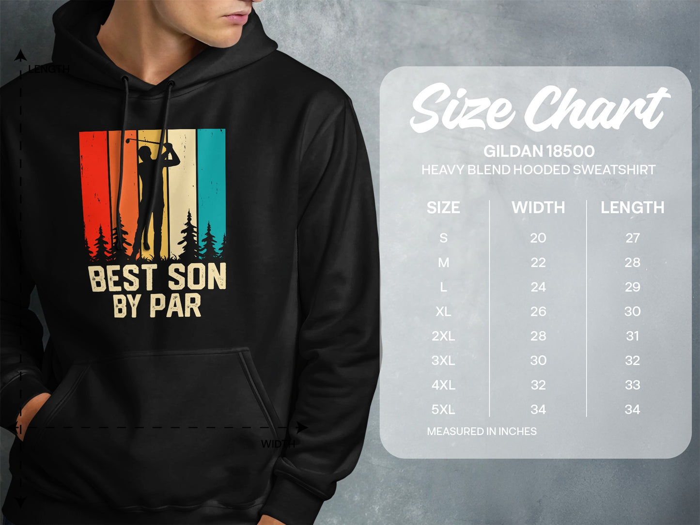 Hooded sweatshirt with "Best Son by Par" golf graphic and size chart.