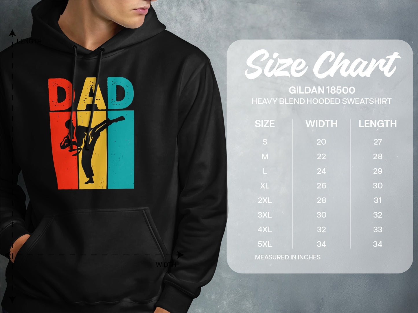 Hoodie with "DAD" graphic and size chart for Gildan 18500 sweatshirt.