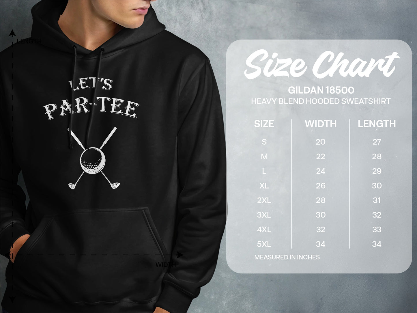 Hooded sweatshirt with "Let's Par-Tee" graphic and Gildan 18500 size chart.