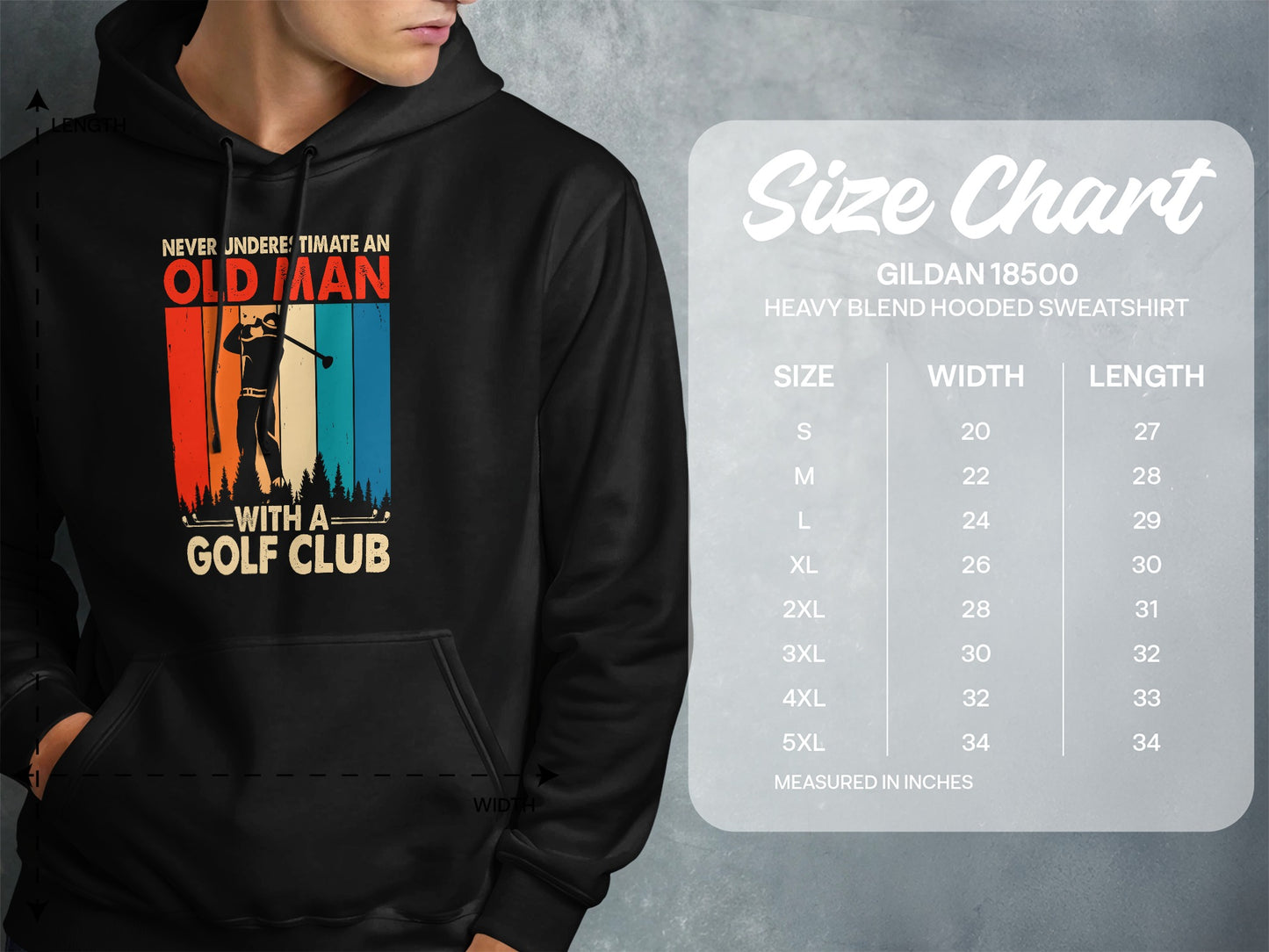 Hooded sweatshirt with "Old Man with a Golf Club" graphic and size chart.
