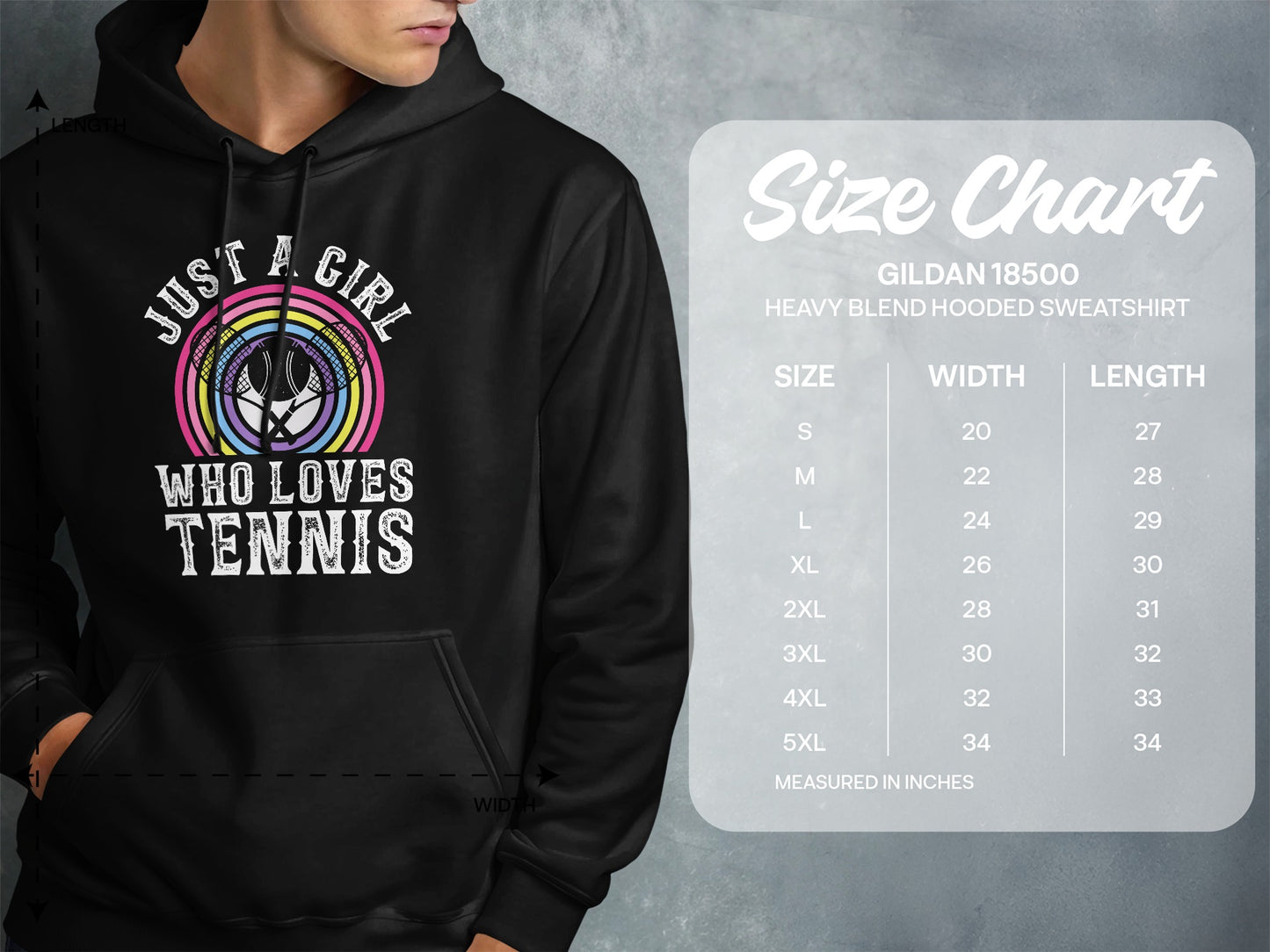 Gildan 18500 sweatshirt with "Just a girl who loves tennis" text and size chart.