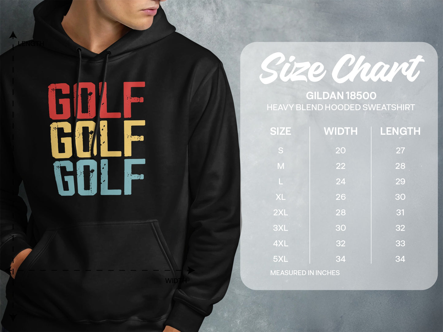 Hoodie with "GOLF GOLF GOLF" design and size chart.