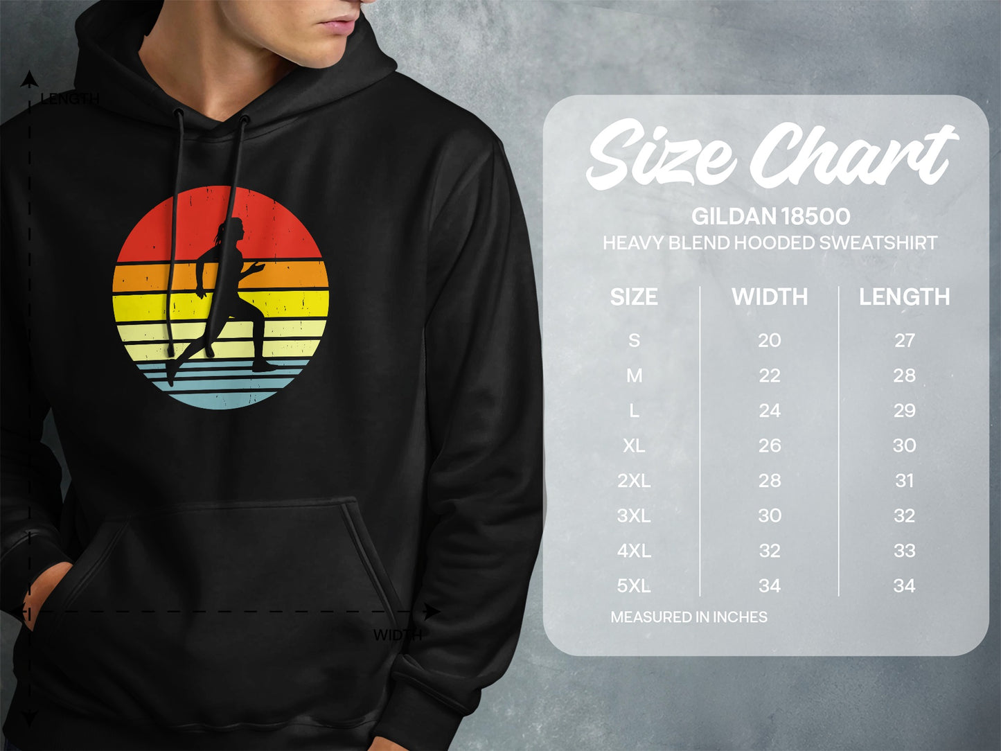 Gildan 18500 hooded sweatshirt size chart with runner graphic.