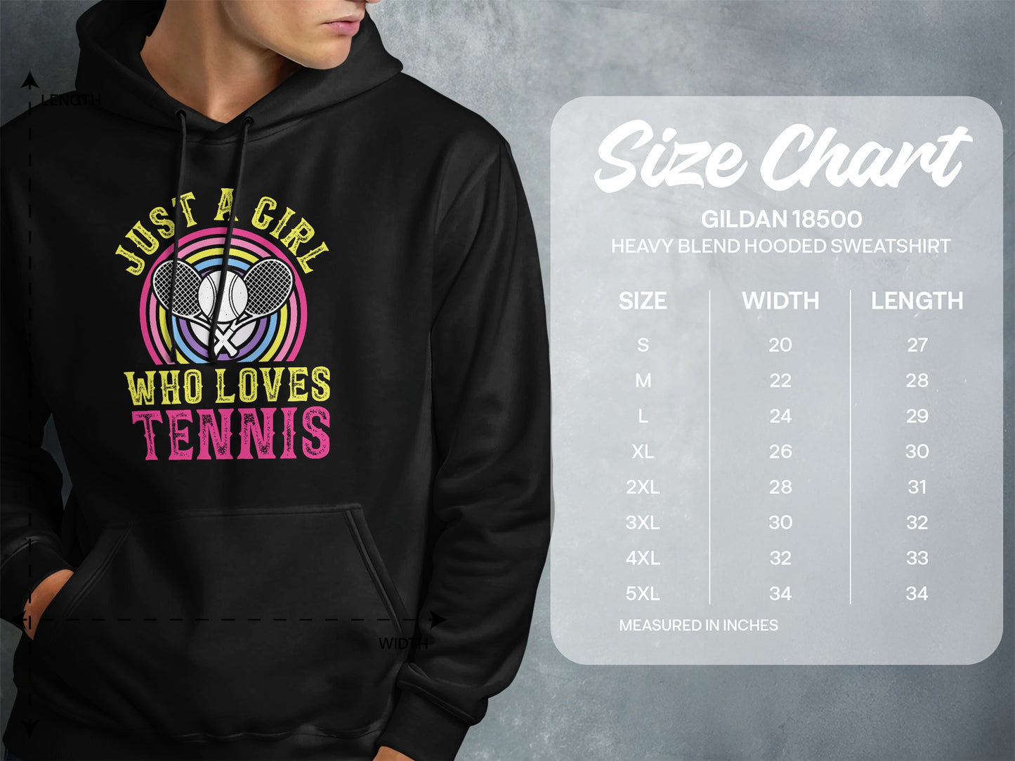 Hoodie with "Just a girl who loves tennis" graphic and size chart.