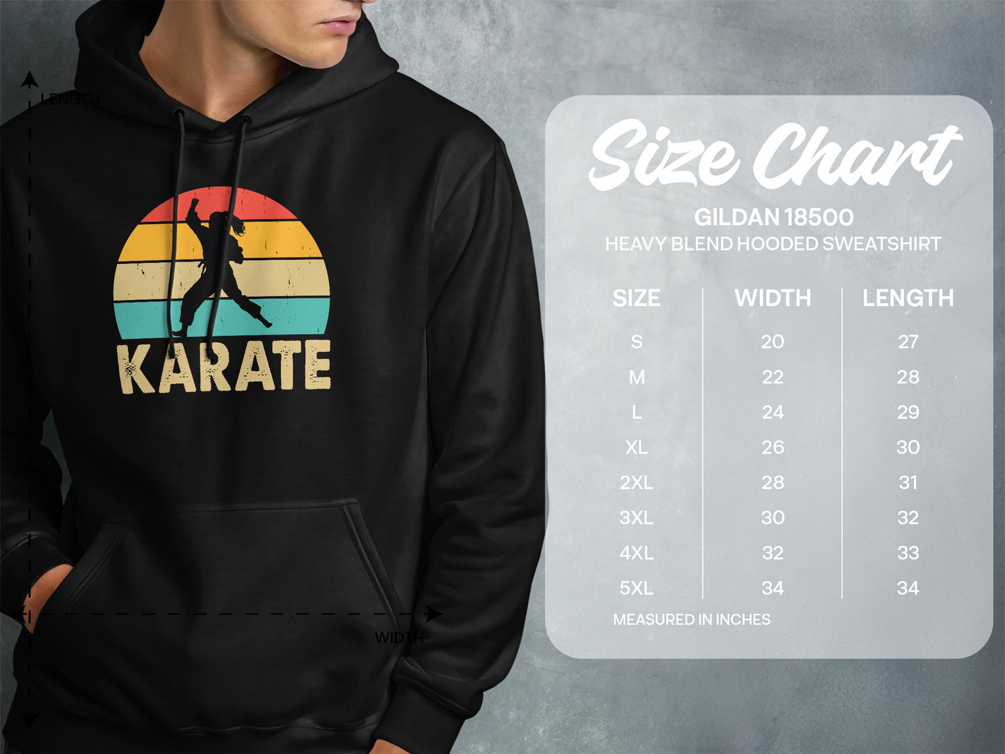 Gildan 18500 hoodie size chart for width and length in inches.