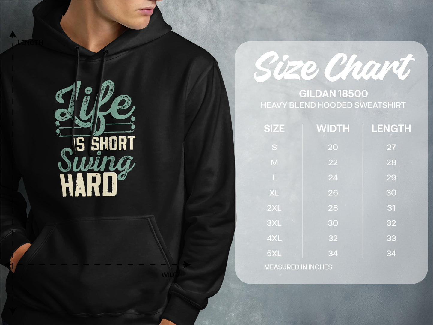 Gildan 18500 hooded sweatshirt size chart with garment dimensions.