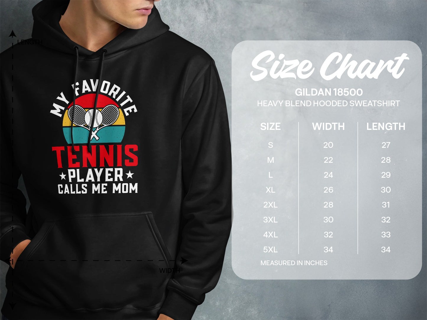 Hoodie displaying "My Favorite Tennis Player Calls Me Mom" graphic and size chart.