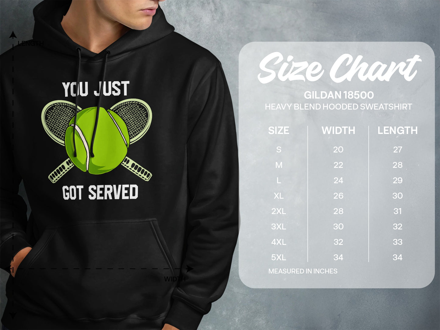 Hooded sweatshirt with tennis graphic and size chart for Gildan 18500 sweatshirt.
