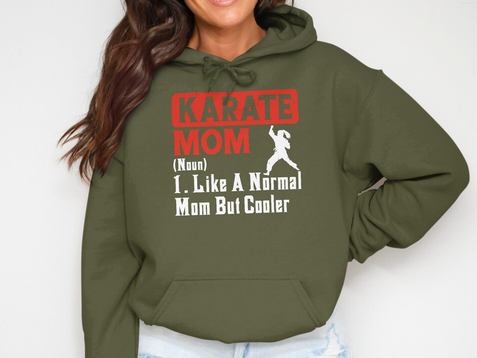Olive green hoodie with "Karate Mom" text and martial arts graphic.