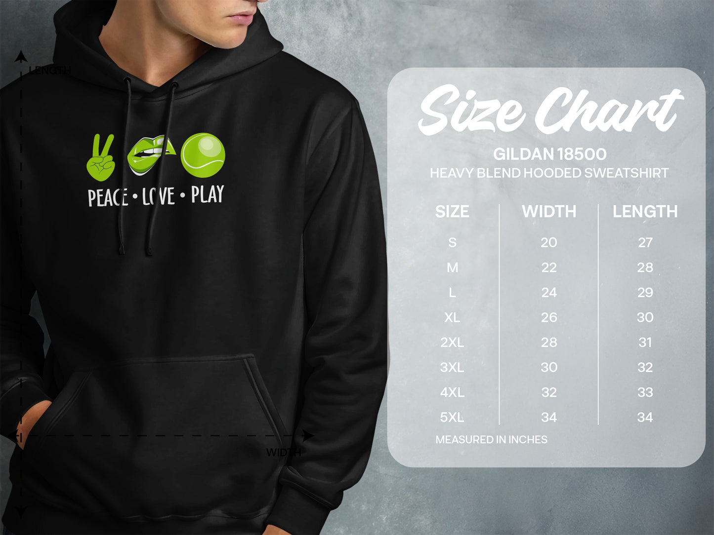 Hoodie mockup with "Peace Love Play" graphic and Gildan 18500 size chart.