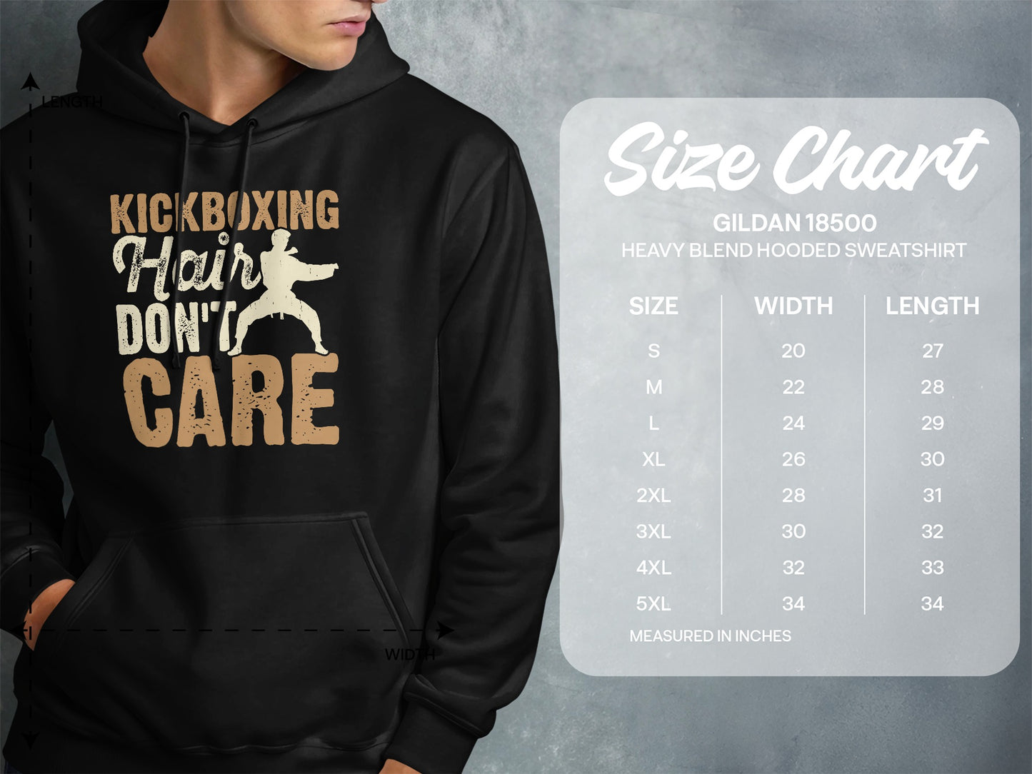 Hoodie with "Kickboxing Hair Don't Care" graphic and size chart.