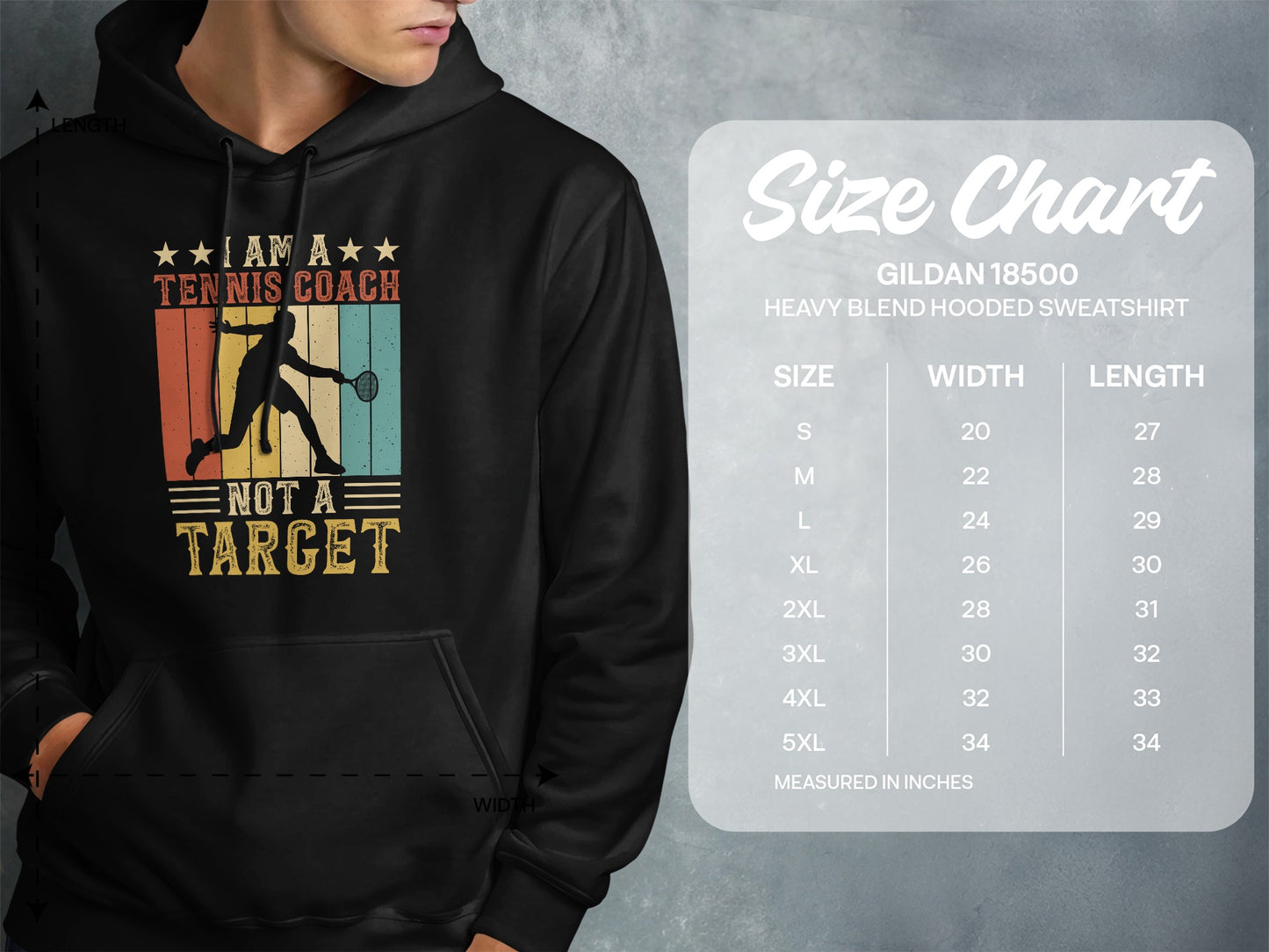 Tennis coach graphic on sweatshirt with size chart.