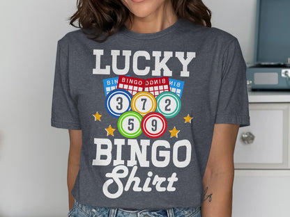 Dark gray t-shirt with "LUCKY BINGO Shirt" and bingo balls.