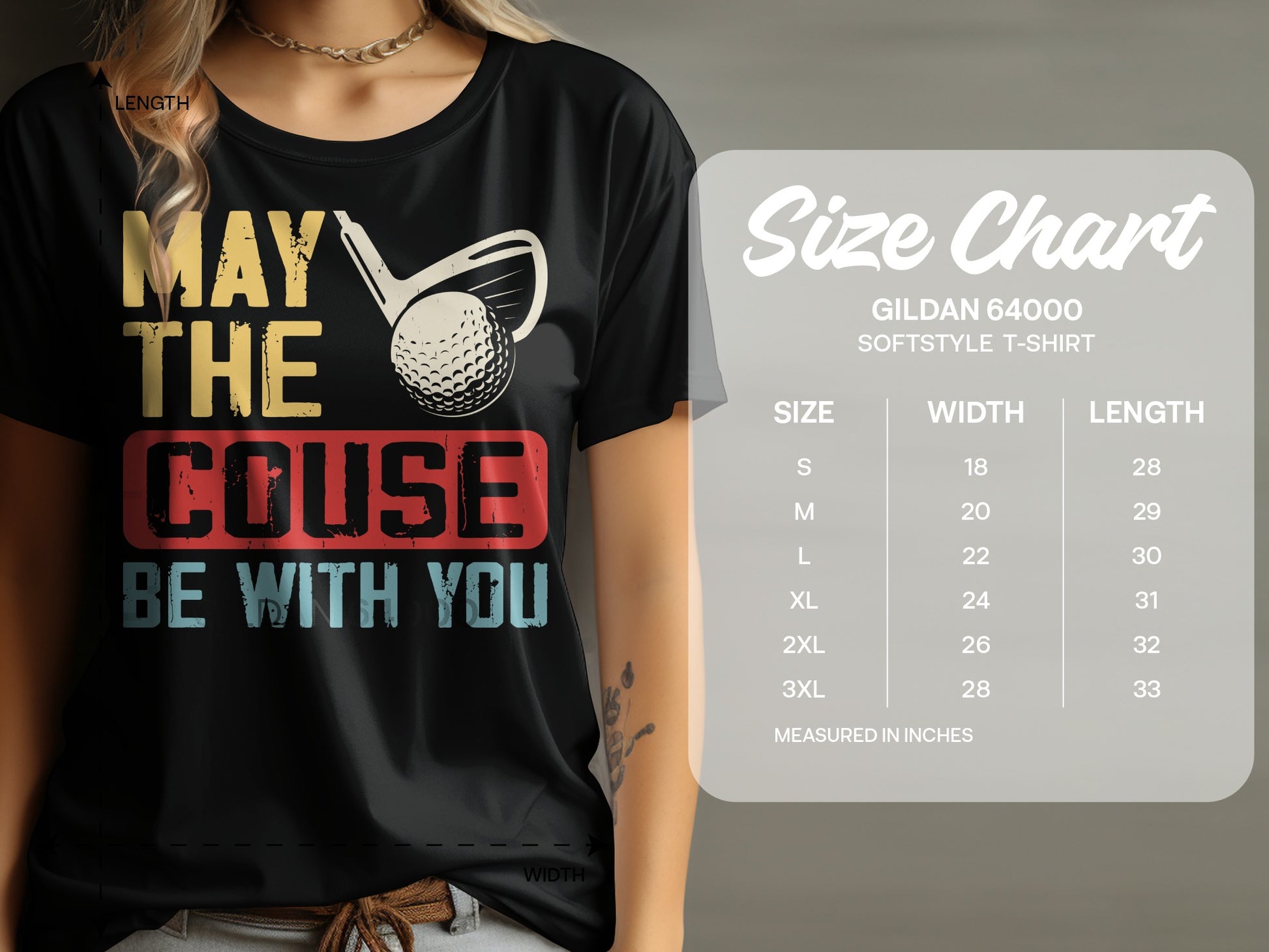 Black t-shirt with "May the couse be with you" golf graphic and size chart.