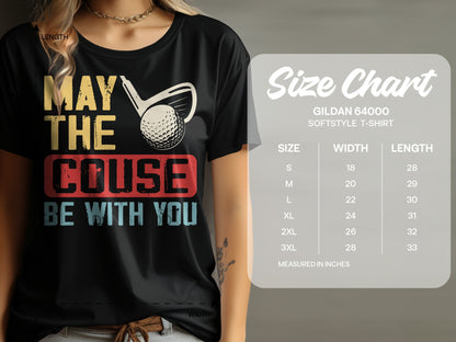 Black t-shirt with "May the couse be with you" golf graphic and size chart.