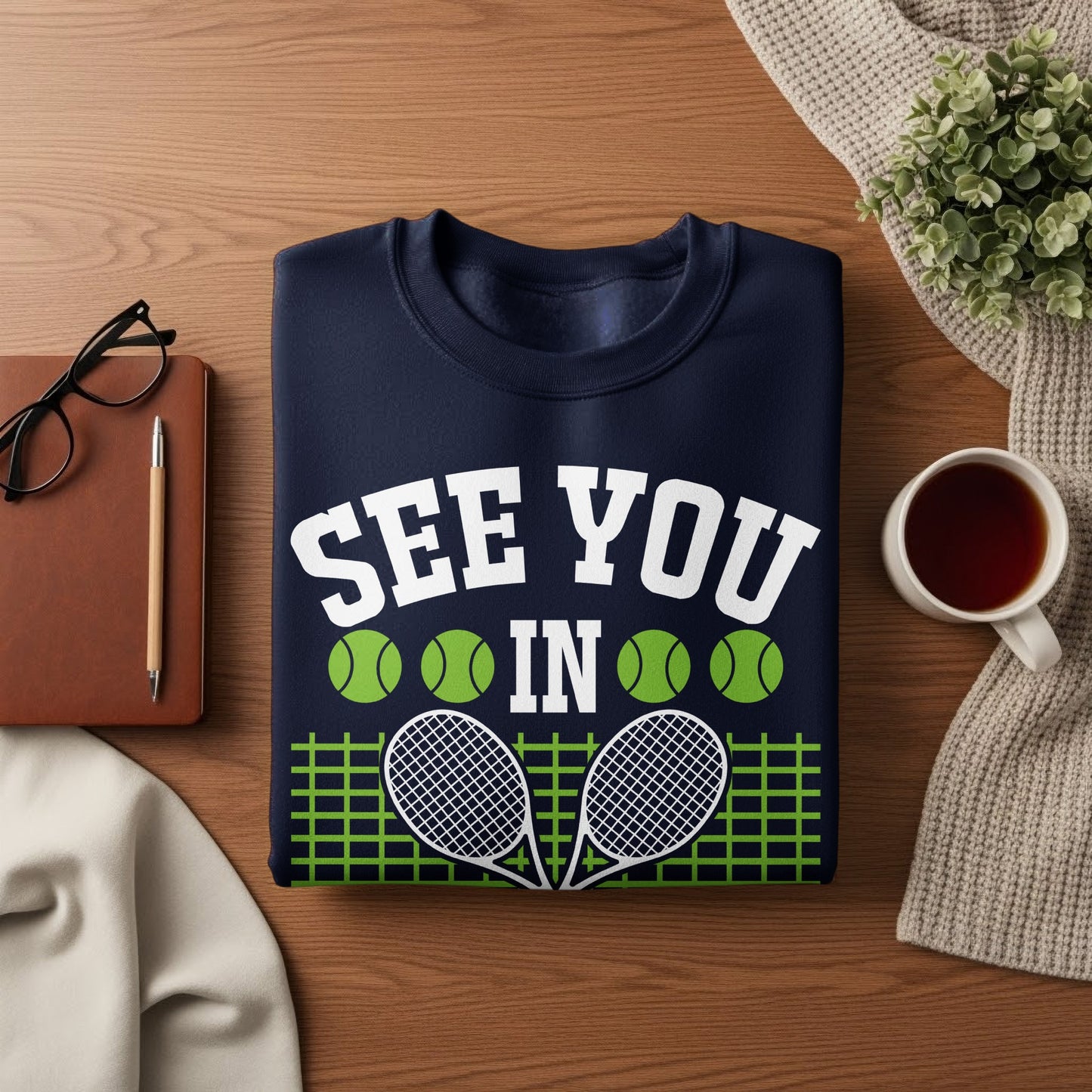 Navy sweatshirt with "See You In" and crossed tennis rackets.