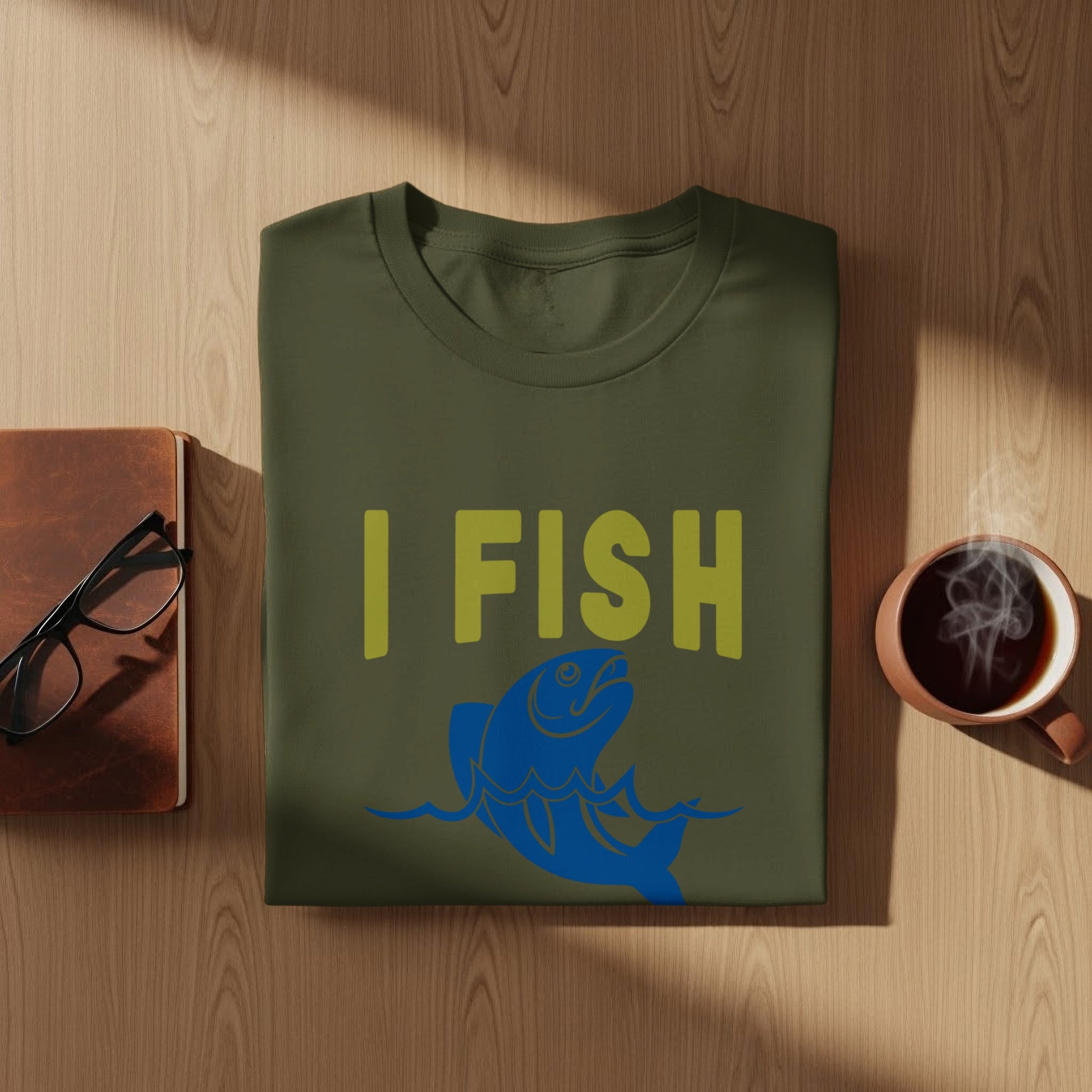 Olive green t-shirt with blue fish and "I FISH" text.