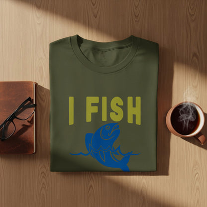 Olive green t-shirt with blue fish and "I FISH" text.