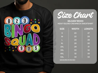 Bingo Squad sweatshirt with size chart for Gildan 18000 heavy blend crewneck.