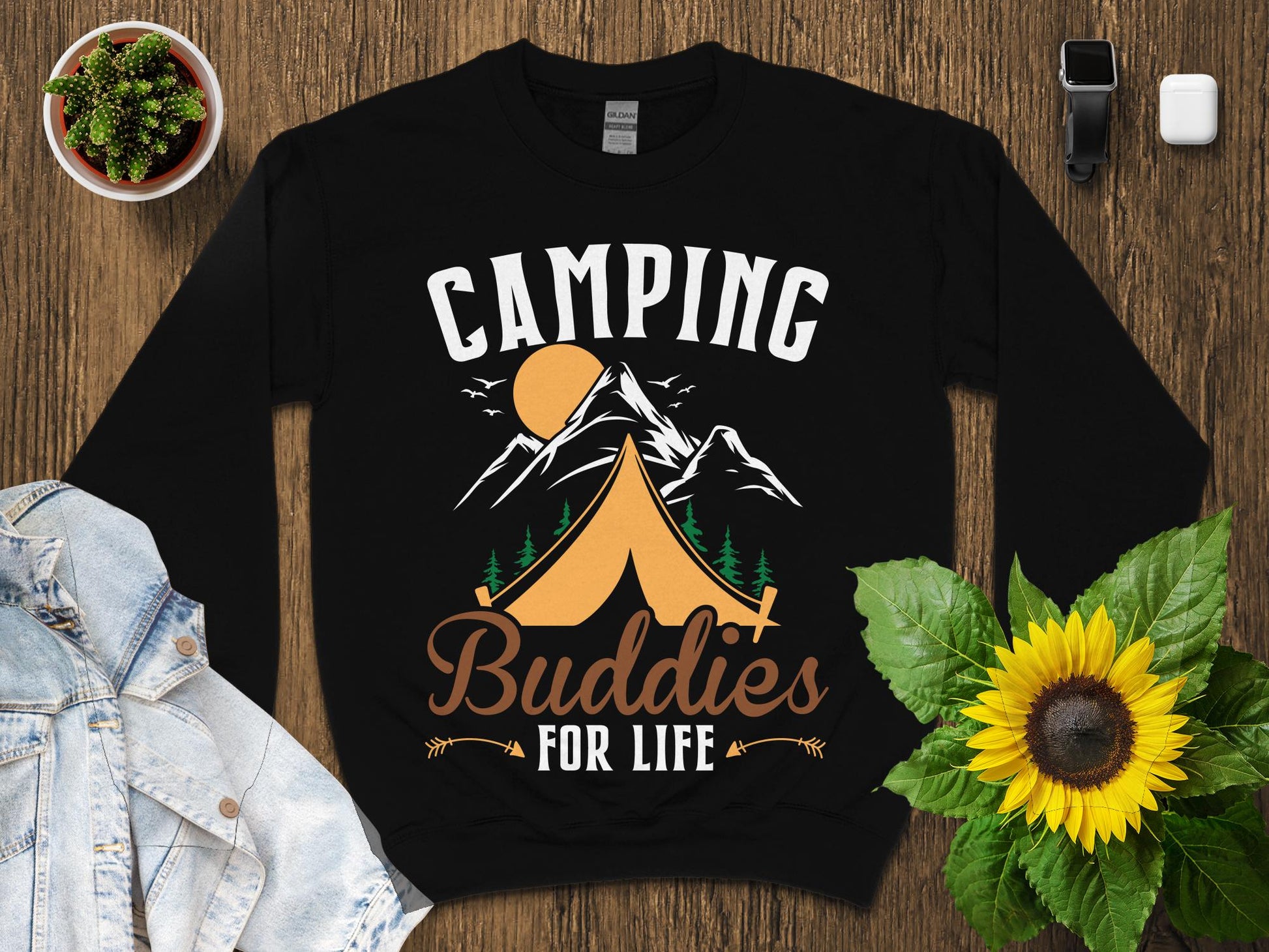 Black crewneck sweatshirt with "Camping Buddies for Life" text and mountain graphic.