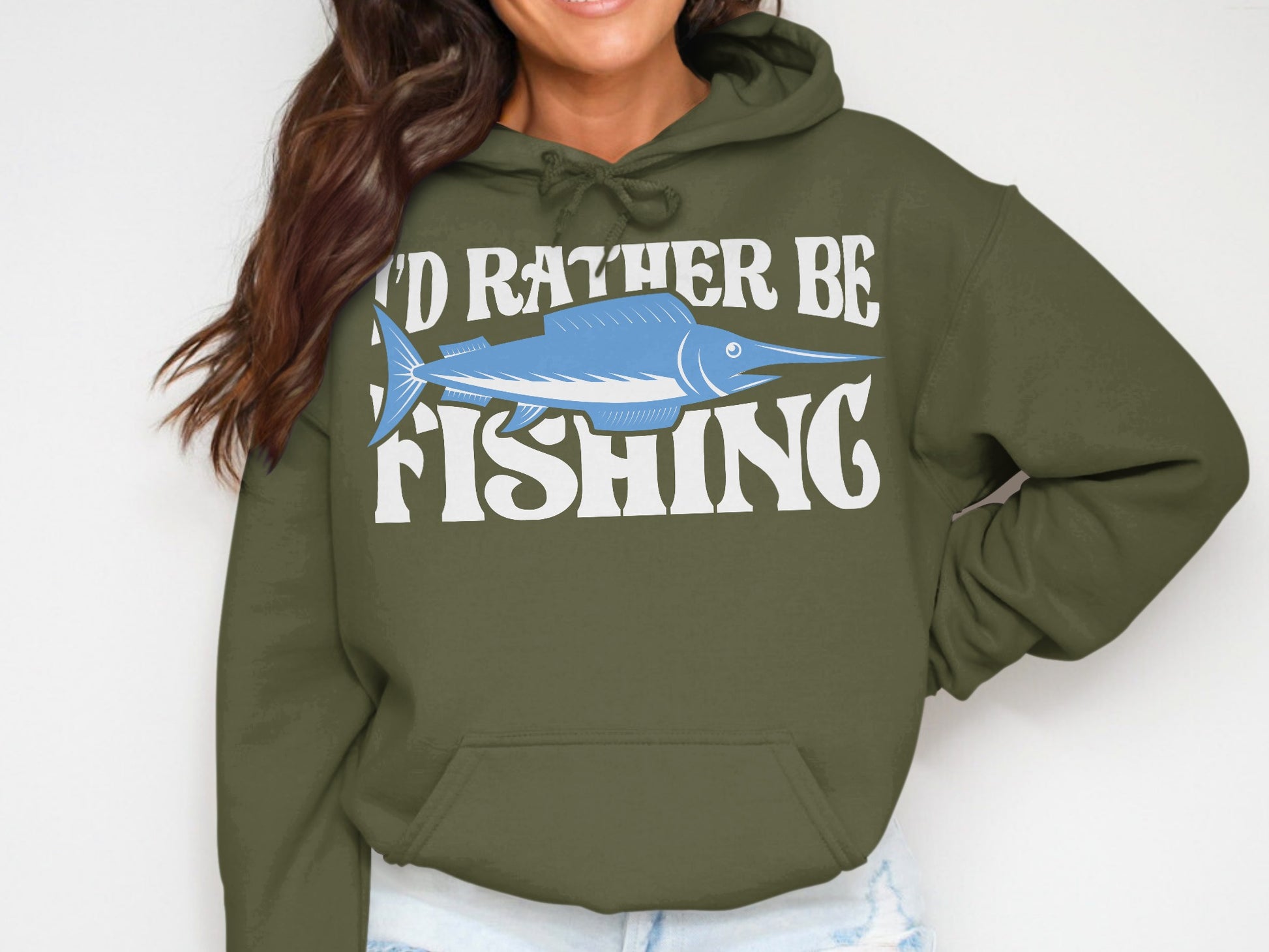 Green hoodie with "I'd Rather Be Fishing" and a blue marlin graphic.