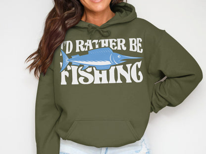 Green hoodie with "I'd Rather Be Fishing" and a blue marlin graphic.