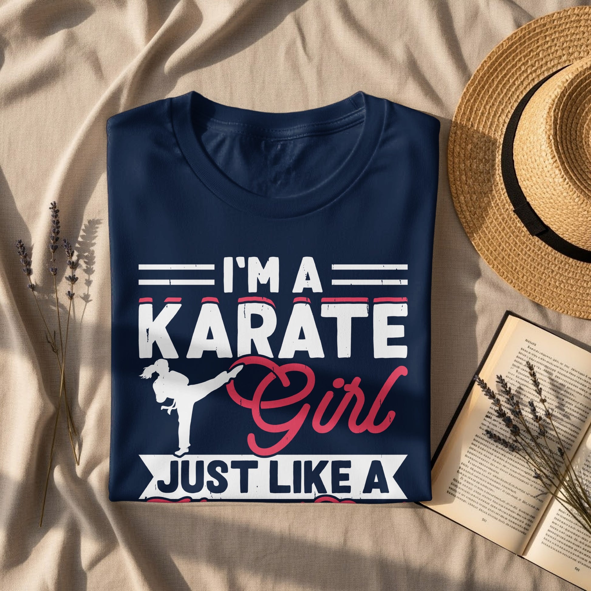 Navy t-shirt with "I'm a Karate Girl Just Like A" slogan and graphic.