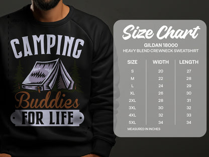 Gildan 18000 sweatshirt size chart for camping buddies graphic.