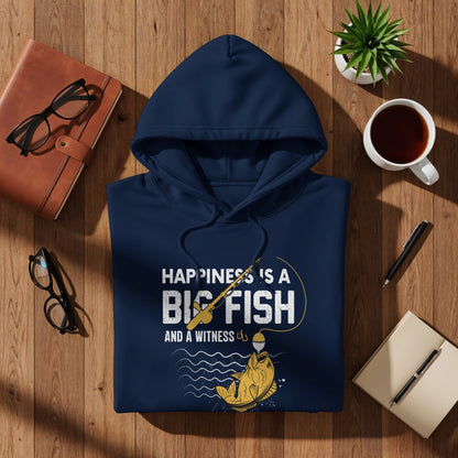 Navy hoodie with "Happiness is a big fish and a witness" fishing graphic.