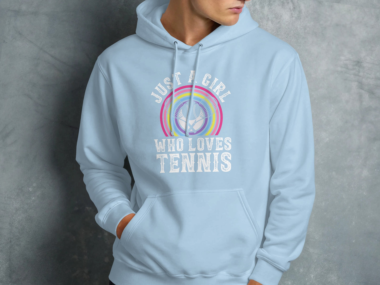 Light blue hoodie with "Just a girl who loves tennis" text and tennis ball graphic.