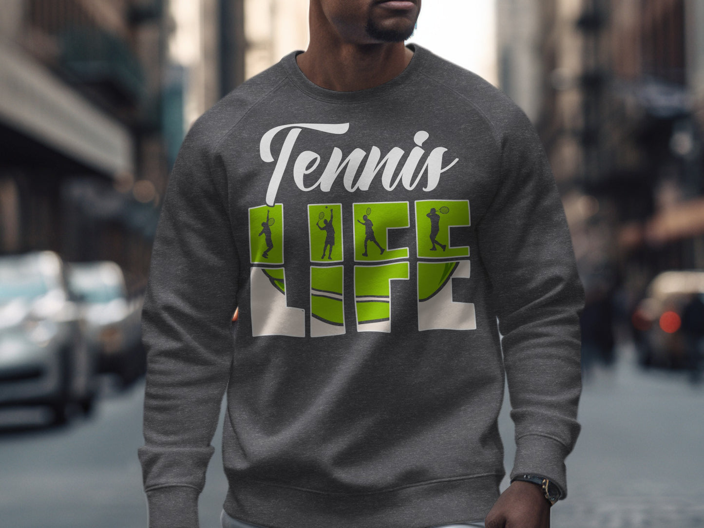 Gray sweatshirt with "Tennis Life" graphic featuring silhouettes of tennis players.