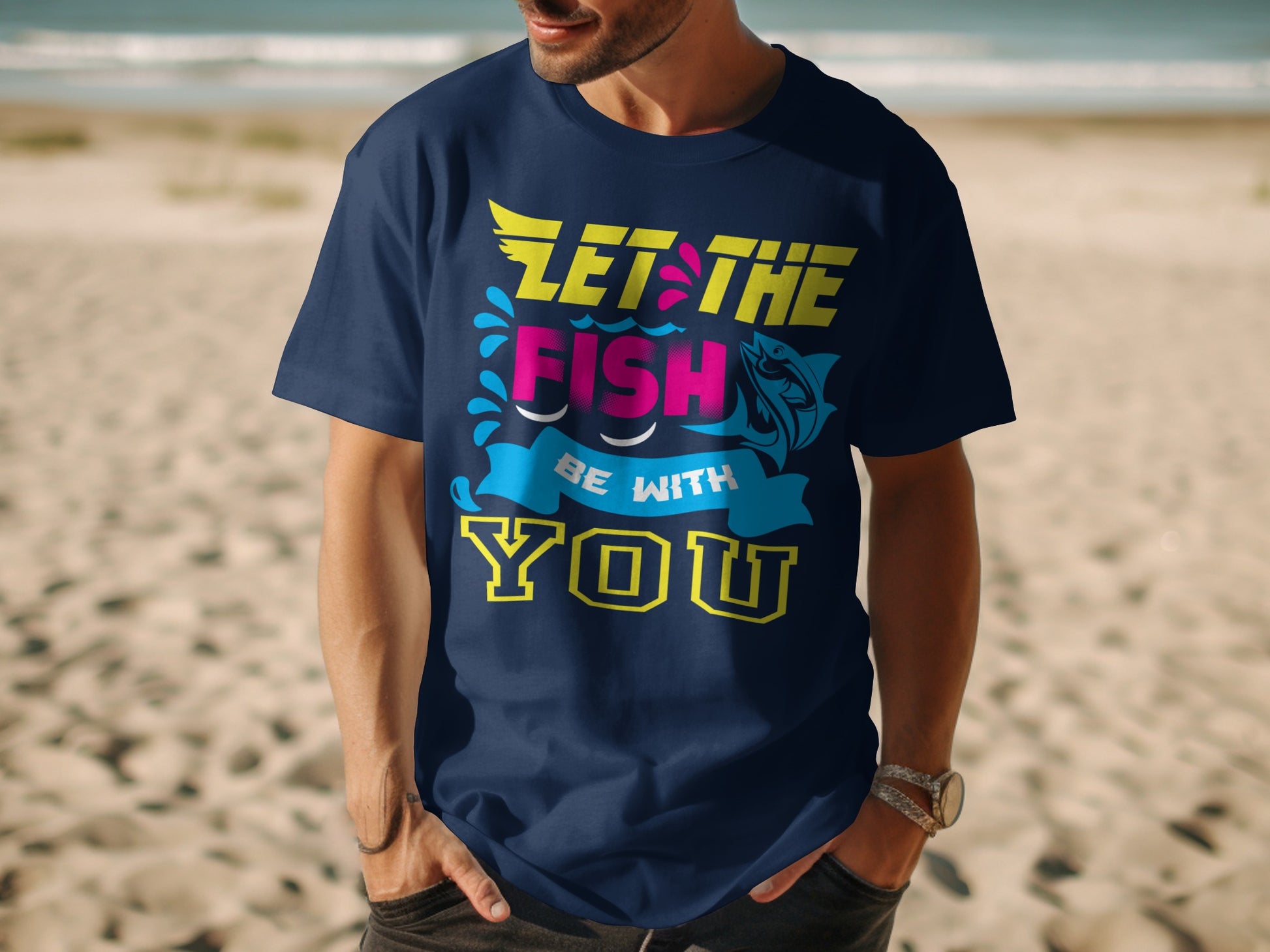 Navy t-shirt with "Let the fish be with you" text and fishing graphic.