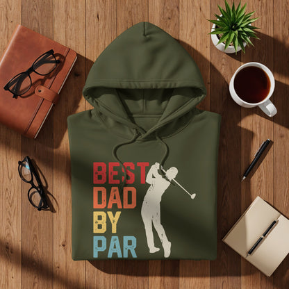 Green hoodie with "Best Dad By Par" text and silhouette of a golfer.