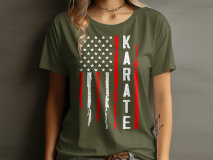 Olive green t-shirt with distressed US flag and "KARATE" text.
