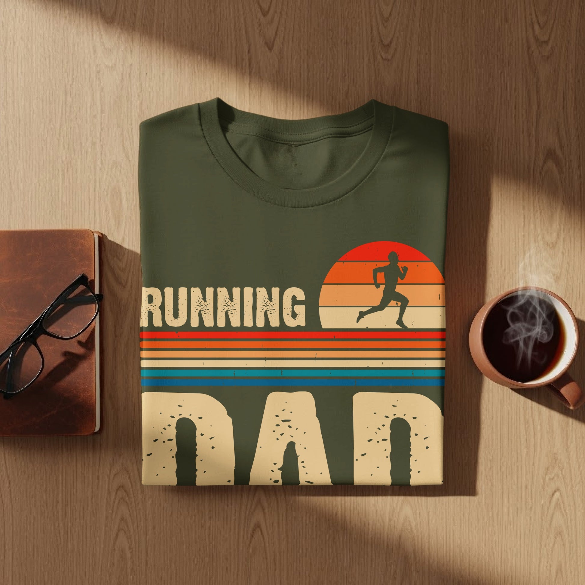 Olive green t-shirt with "Running Dad" text and silhouette of runner.