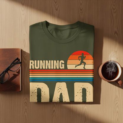 Olive green t-shirt with "Running Dad" text and silhouette of runner.