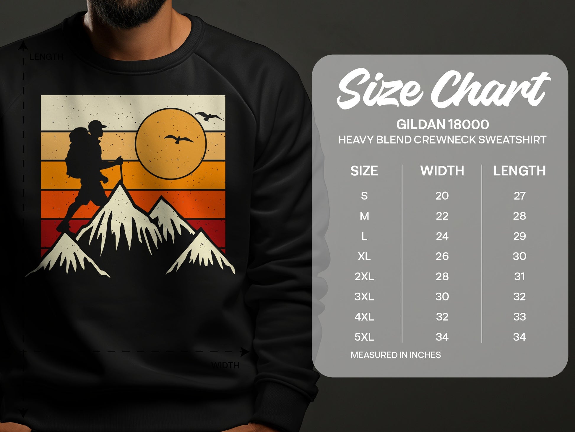 Size chart for Gildan 18000 Heavy Blend Crewneck Sweatshirt.