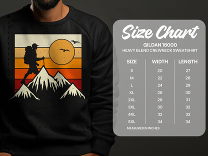 Size chart for Gildan 18000 Heavy Blend Crewneck Sweatshirt.