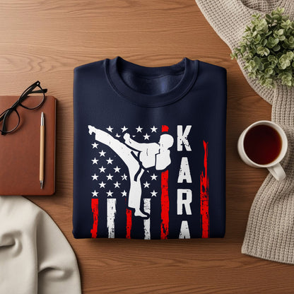 Navy sweatshirt with American flag and karate graphic.