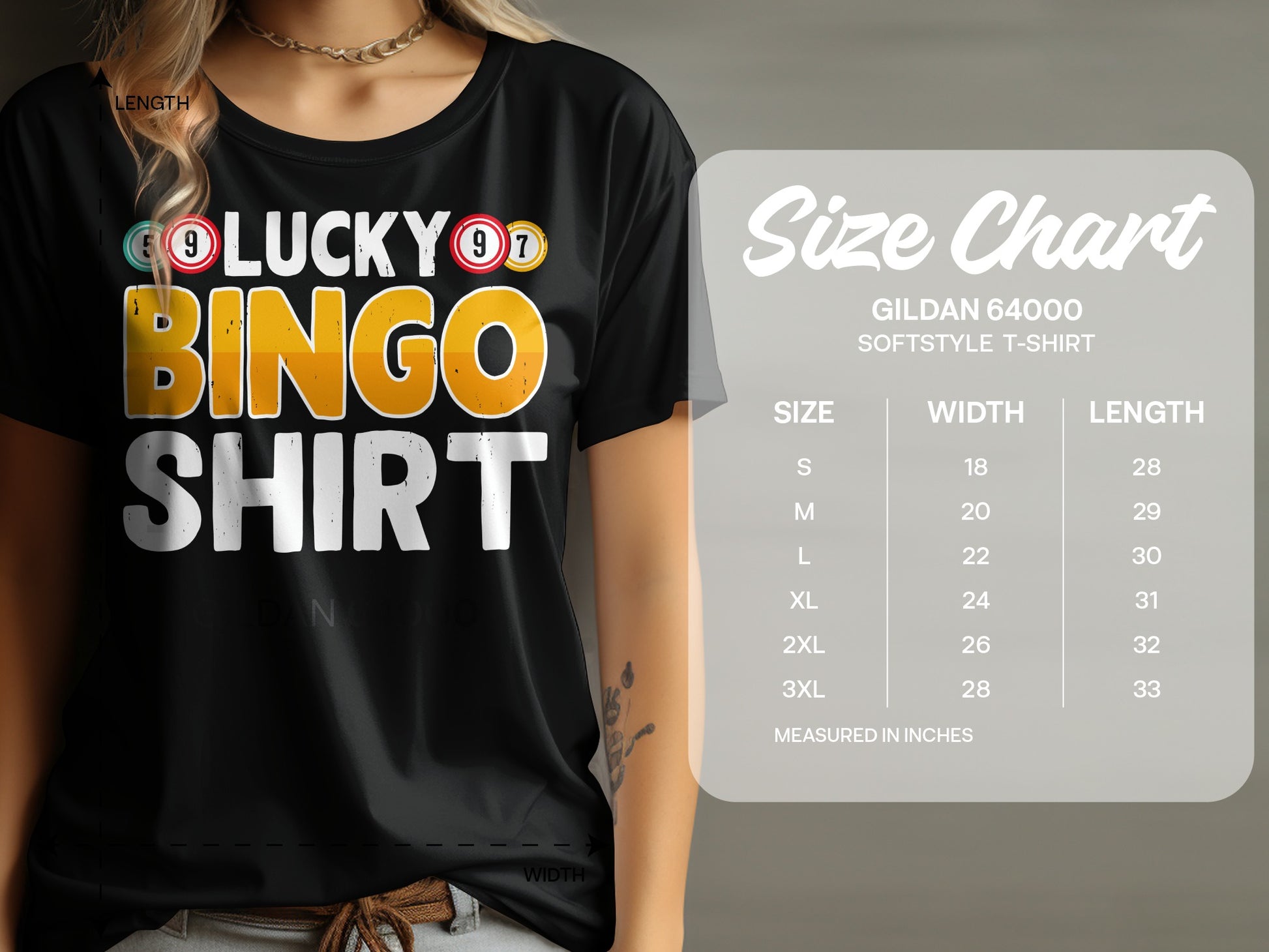 Black t-shirt with "LUCKY BINGO SHIRT" graphic and size chart.