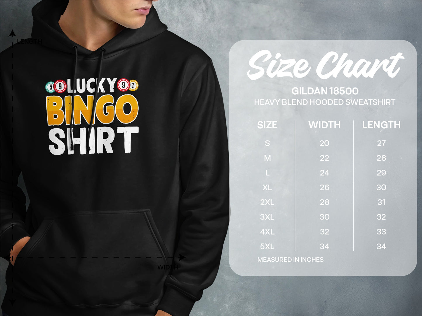 Hooded sweatshirt with "Lucky Bingo Shirt" text and size chart.