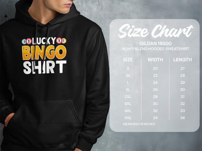 Hooded sweatshirt with "Lucky Bingo Shirt" text and size chart.