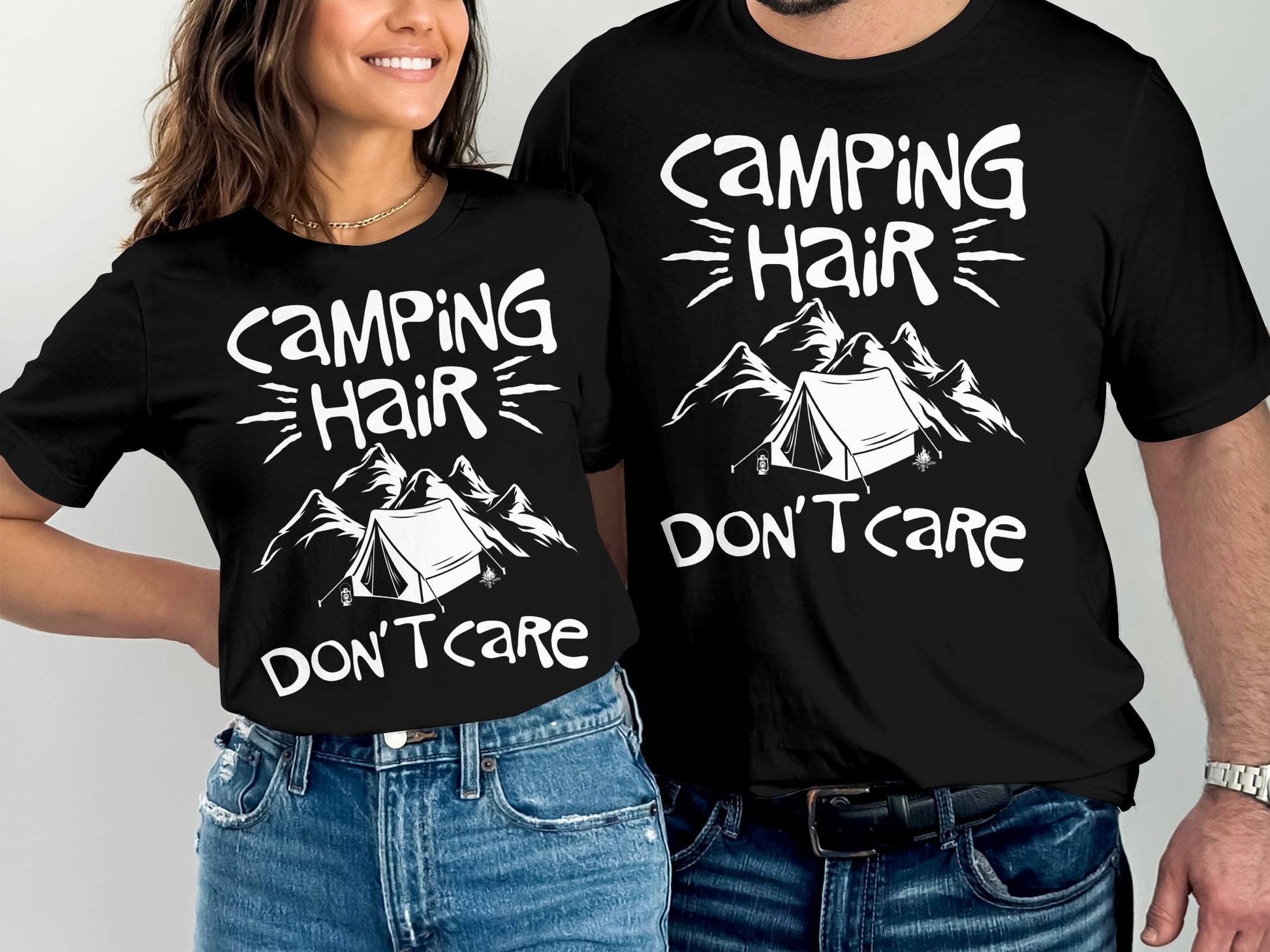 Black t-shirts with "Camping Hair Don't Care" and tent graphic.
