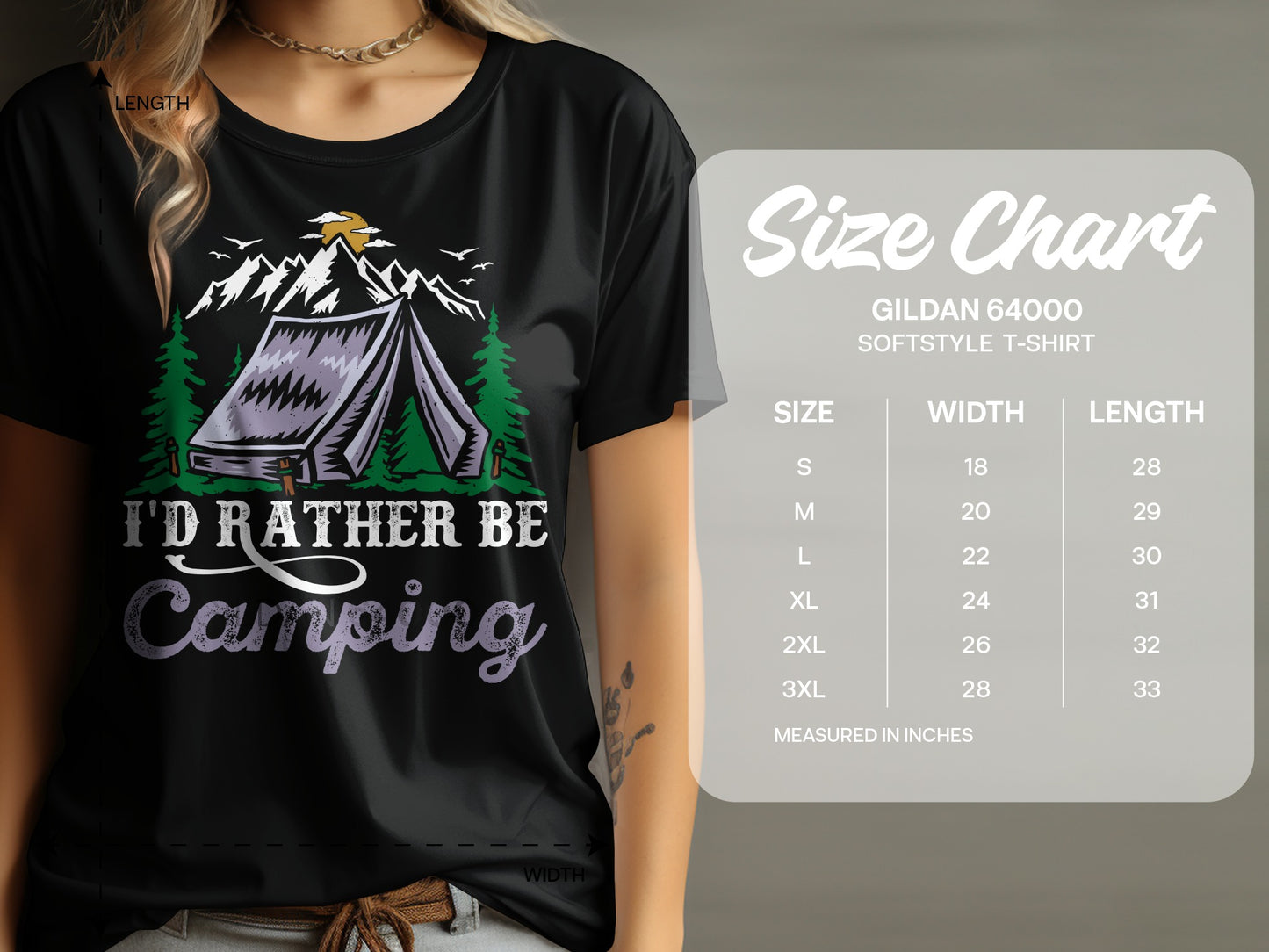 Black t-shirt with "I'd Rather Be Camping" text, tent, and mountains graphic.