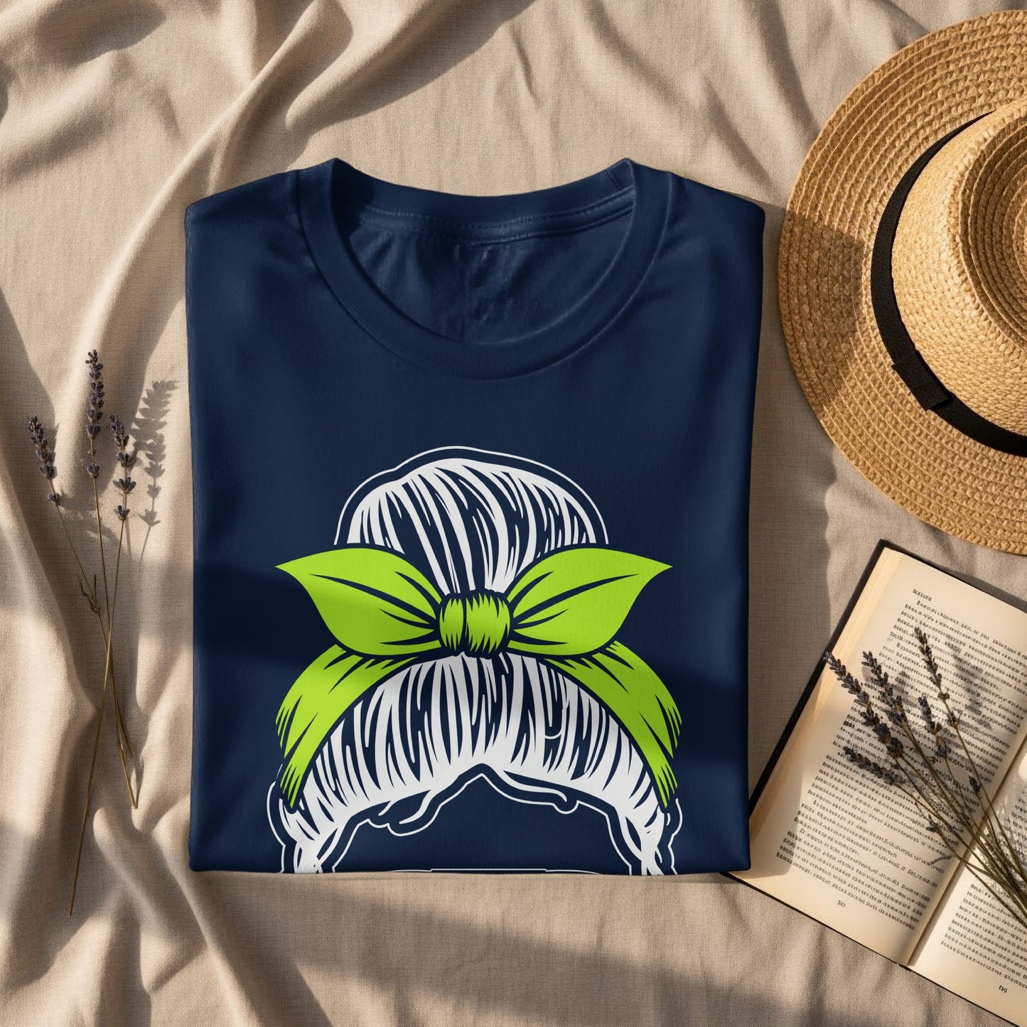 Navy t-shirt with lime green messy bun graphic.
