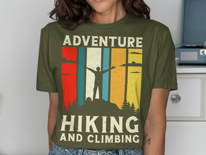 T-shirt graphic with mountain hiker, trees, and text "Adventure Hiking and Climbing".