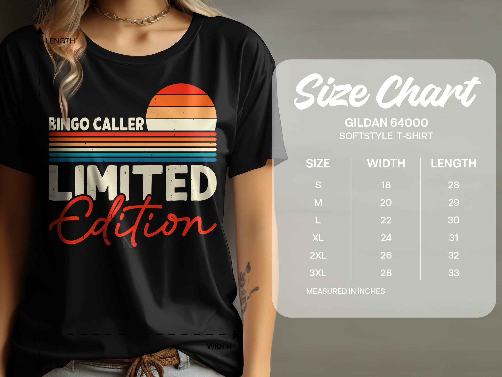 Black t-shirt with "BINGO CALLER LIMITED Edition" text and size chart.