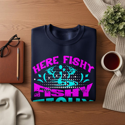 Navy blue sweatshirt with "Here Fishy Fishy" text and fish graphics.